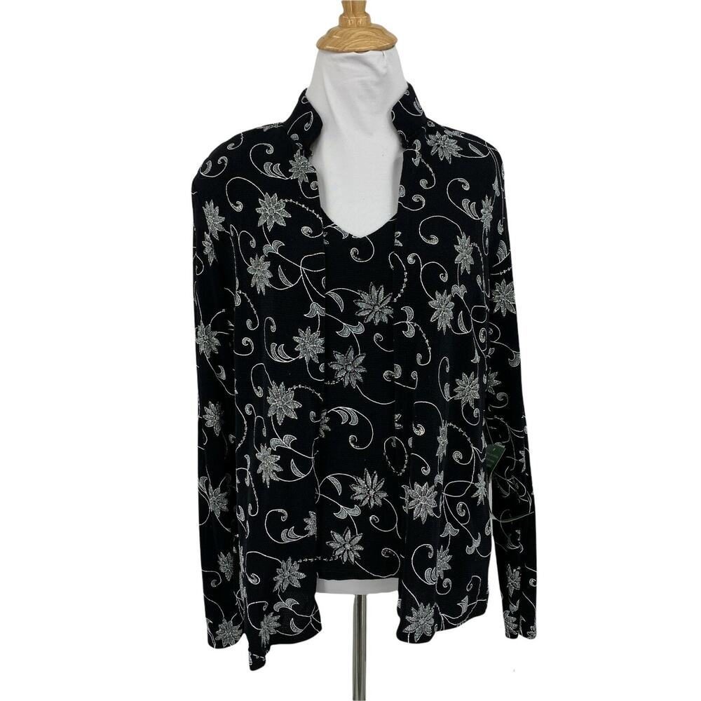 Blu Sage Caridgan Cami Set Womens M Medium Black Floral Silver Glitter Top 2 PC